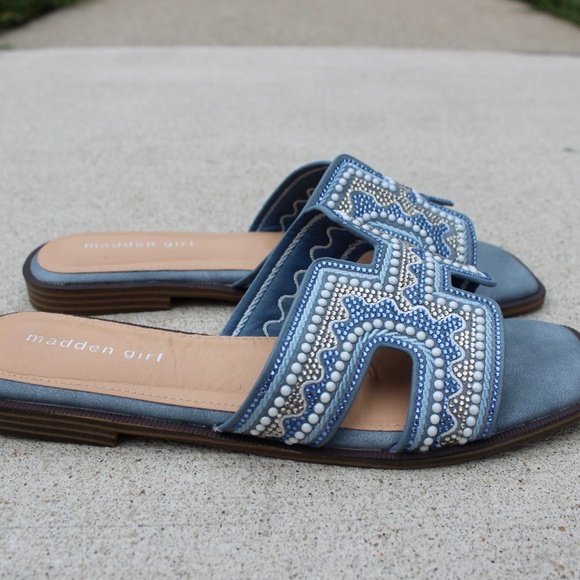 Madden Girl Blue Rhinestone Beaded Sparkle Slide Sandals Sz 9 - Picture 4 of 8